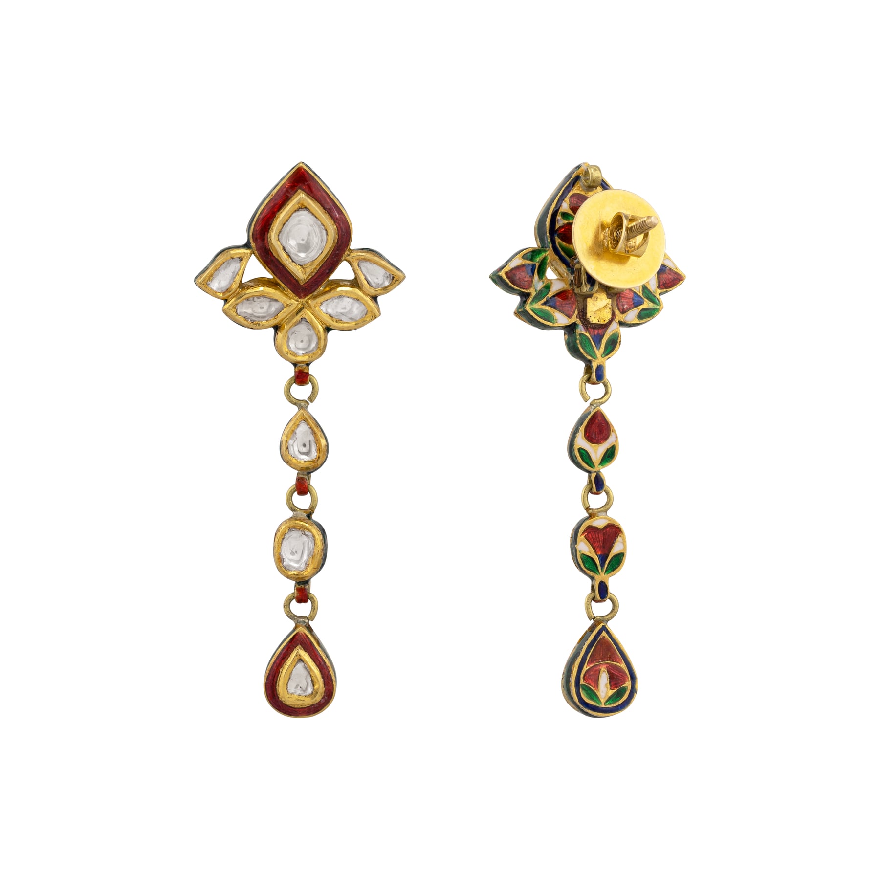 Teardrop Polki Earrings with Red Enamel & Cascading Design